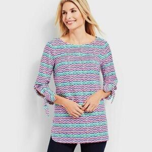Talbots Tunic Blouse Colorful Whale Tail Wavy Print Tie Sleeve Popover Top